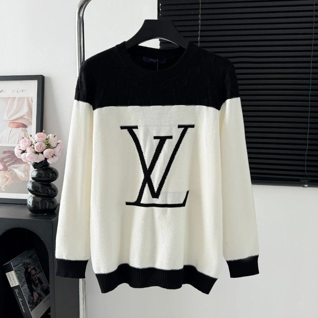 Louis Vuitton LV Sweater Large logo Black and White Crew Neck Sweater25ss Spring New Thickened Long Sleeve Pullover Unisex OS Loose Fit Top Versatile Casual Jacket Lazy Style