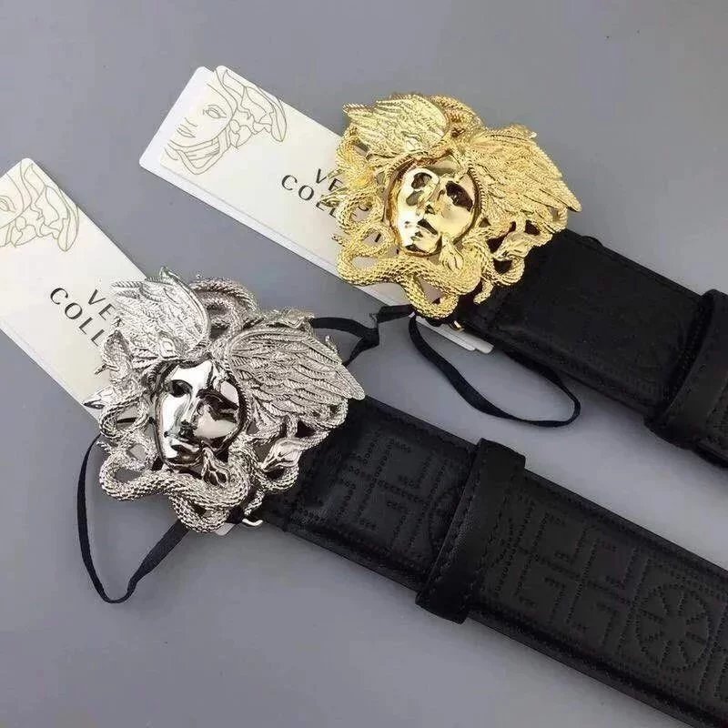 VERSACE Belt Top version Du Meisha Leather Belt Men's Smooth Buckle Cowhide Belt Hair Stylist Korean Style Casual Belt Trendy Men()Gift for Personal Use