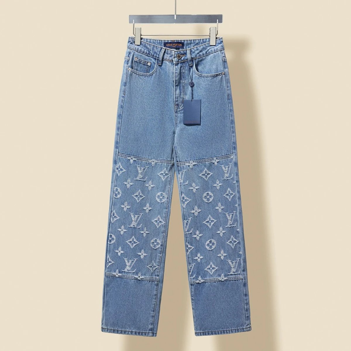 Louis Vuitton LV Jeans New Patchwork Series Monogram Signature Straight Washed Blue Jeans Autumn Winter New Unisex Loose Casual Wide Leg High Waist Pants