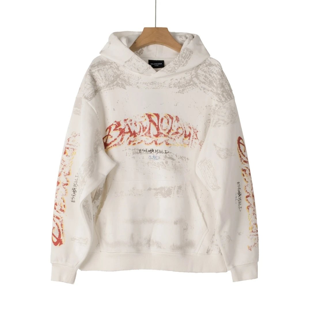 Balenciaga Hoodie Flame Hand-Painted Distressed Washed Vintage OS Loose Fit Drop Shoulder Hoodie Sweatshirt Jacket Unisex Sports Casual Loose Versatile