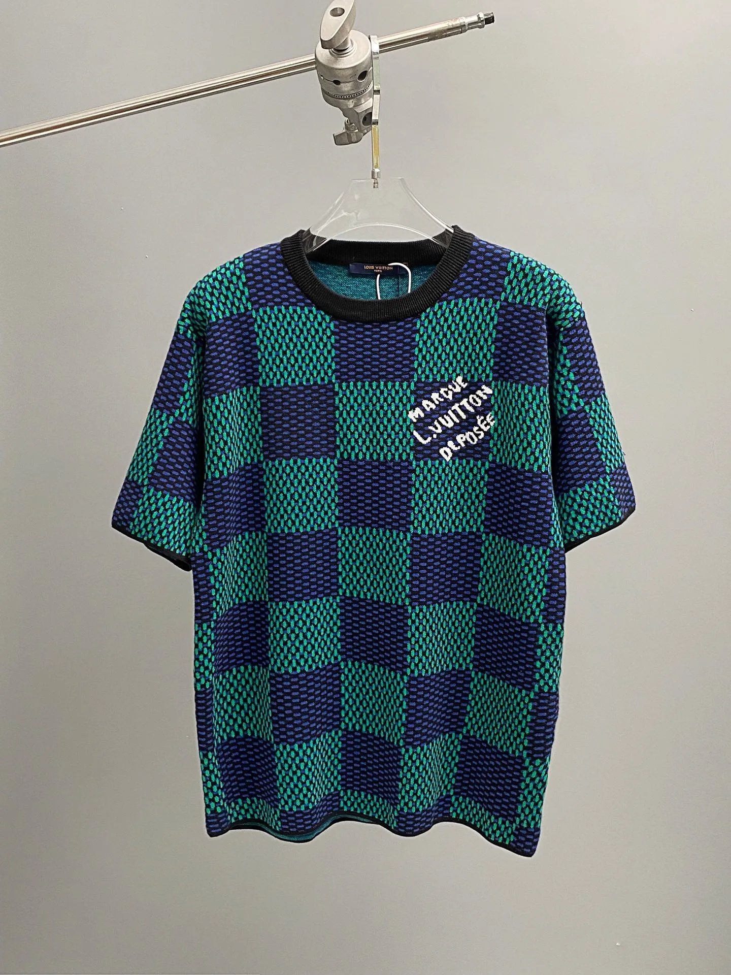 Louis Vuitton LV T-shirt Plaid Checkerboard Knit Sweater Crew Neck Short Sleeve25ss New Product T Unisex T-Shirt OS Drop Shoulder Loose Fit Base Shirt Top T-Shirt Short Sleeve