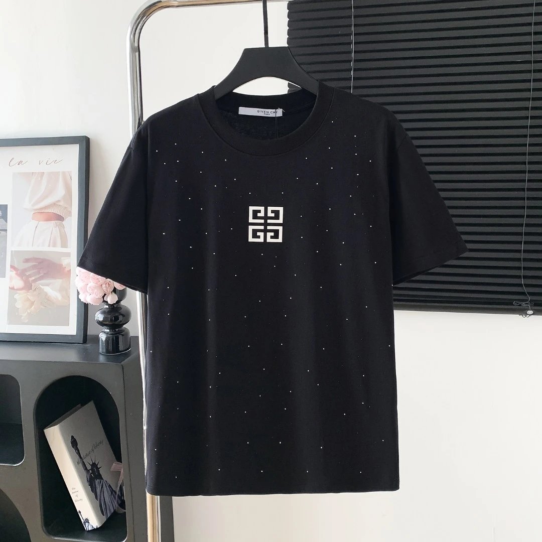 Givenchy T-shirt Front Crystal Print logo round Neck Short Sleeve25ss New Pure Cotton Unisex Style T T-shirt OS Loose Fit Base Shirt Top Half Sleeve T-Shirt
