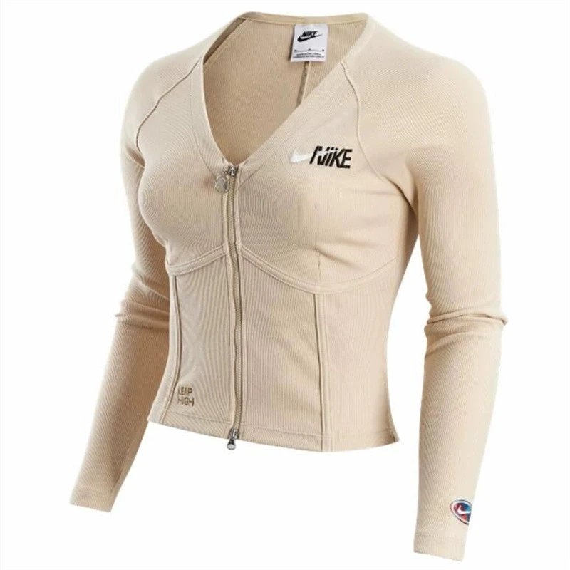 Nike Women's Tight V Collar Fishbone Rib Full Length Zip Placket Long Sleeve Top FD4797-126