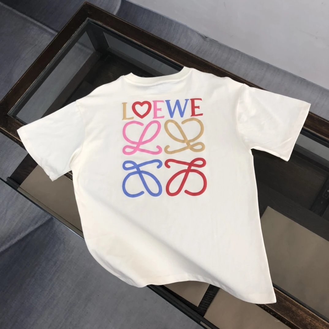 LOEWE T-shirt Back Colorful Letter Pattern Print logo round Neck Short Sleeve25ss New Pure Cotton Unisex Style T Casual T-Shirt Base Layer Shirt OS Loose Fit Half Sleeve Top Plus Size