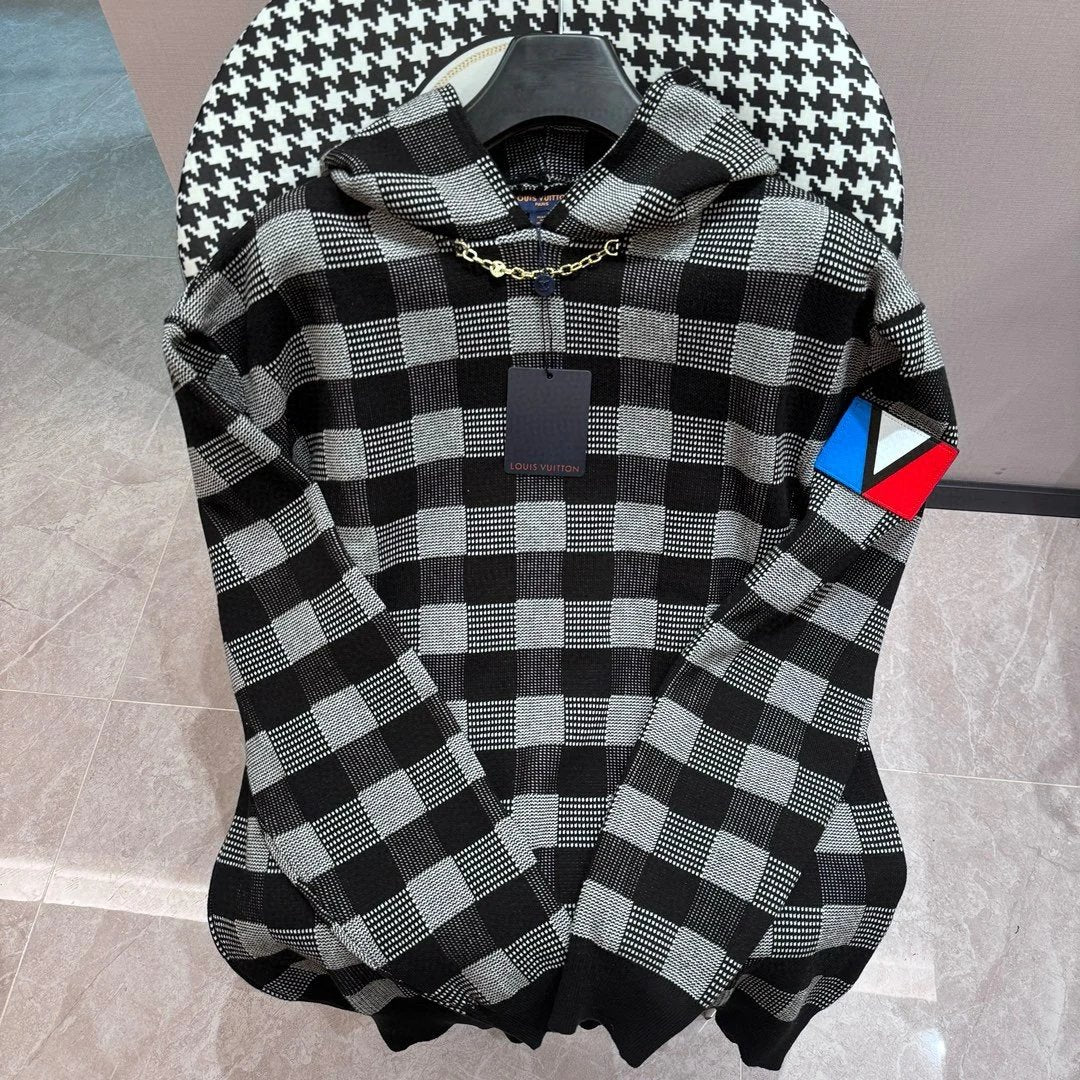 Louis Vuitton LV Hoodie Black and White Matching Square Hat Knit Hoodie Sweatshirt Jacket Unisex Sports Casual Loose Fit Versatile