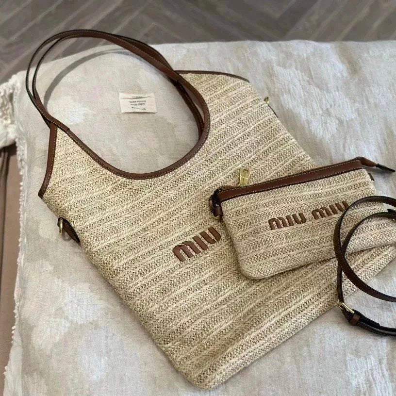 Miu Miu Bag Top version MIUMIU MiaoMiao Women's Bag2024Spring and Summer New IVY Straw Woven Vertical Shopping Bag hobo Tote Bag Underarm Bag Shoulder Handbag Mother and Child Bag