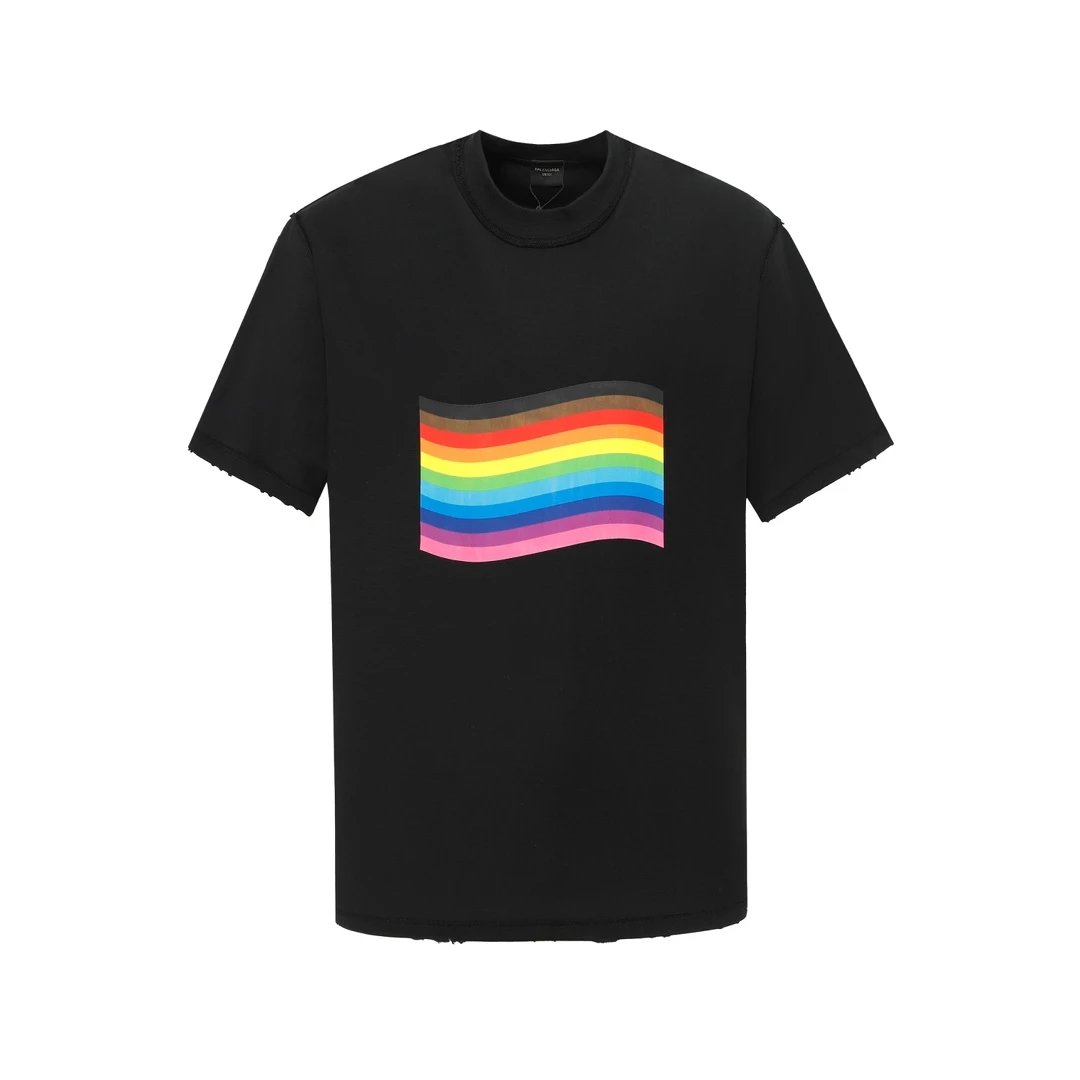 Balenciaga T-shirt Rainbow Colorful Print logo Distressed Crew Neck Short Sleeve25ss New pure cotton T Unisex T-Shirt OS Loose Fit Base Shirt Top T-Shirt Short Sleeve