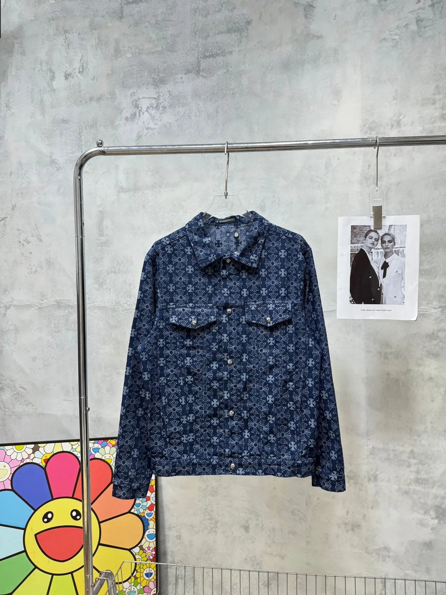 Chrome Hearts Jeans Full Print Logo Dark Pattern Washed Jacquard Denim Jacket Casual Loose Versatile Turn-down Collar Cardigan Jacket Unisex24ss Autumn and Winter New Products
