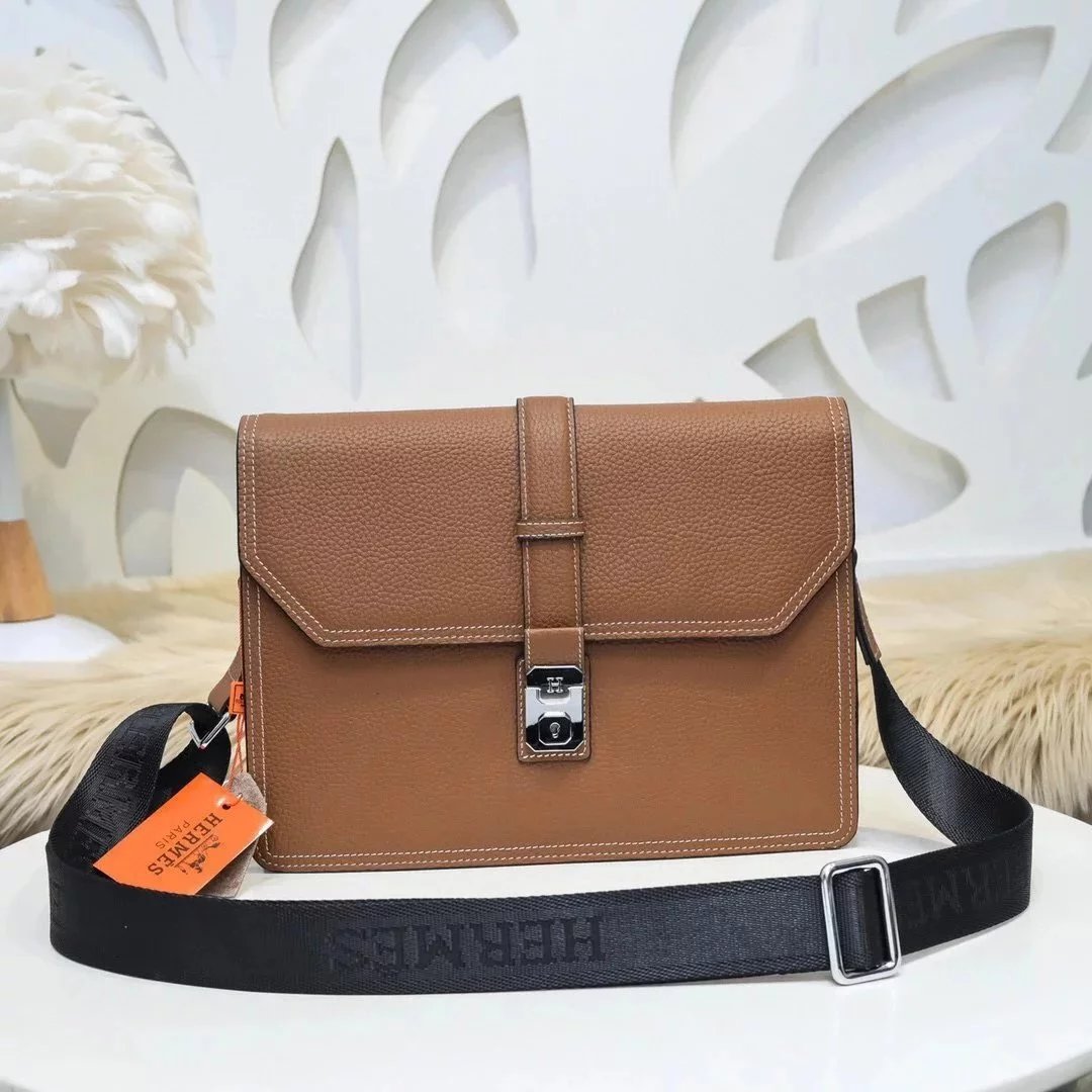 Hermes men's bag Top version Genuine Goods Grade New Classic Men's Fashion Crossbody Bag Men's Casual Shoulder Bag Men's Bag First Layer Cowhide Handbag Khaki Full Leather Black Canvas Handmade Big Bag