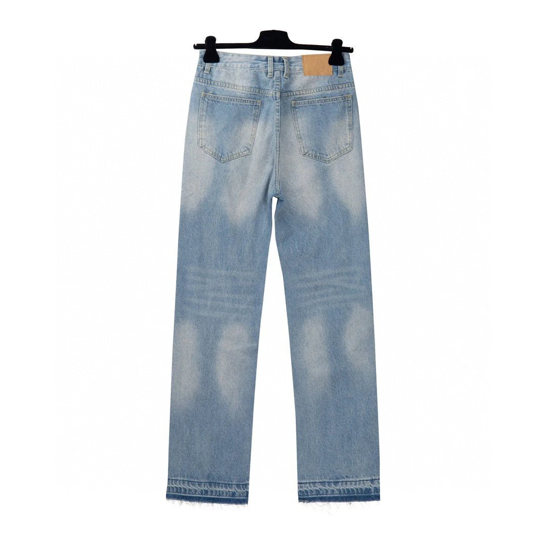 Celine Jeans Pre-cut holes in the front logo25ss Spring Summer New Straight Leg Jeans Unisex Slim Fit Long Pants Loose