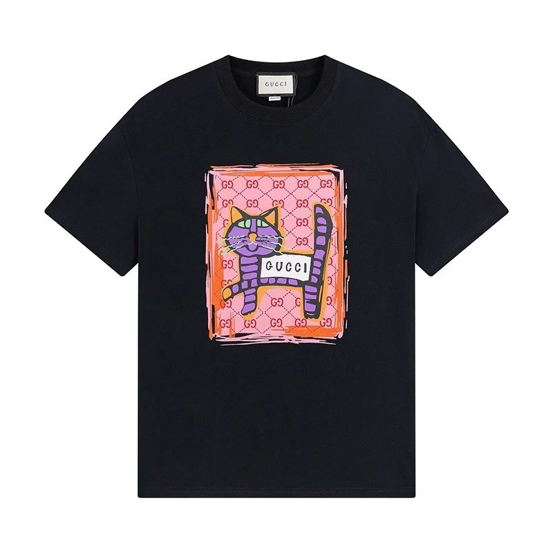 Gucci T-shirt Chest Cat Pattern Print logo round Neck Short Sleeve25ss New Pure Cotton Unisex Style T T-shirt OS Loose Fit Base Shirt Top Half Sleeve T-Shirt