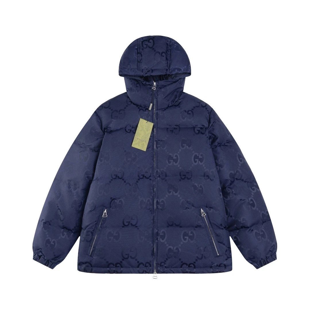 Gucci Down Jacket Full Jacquard Hooded Down Jacket Unisex Fluffy Hooded Long Sleeve Puffer Coat Winter Thickened Warm Outerwear Loose Versatile Fashion