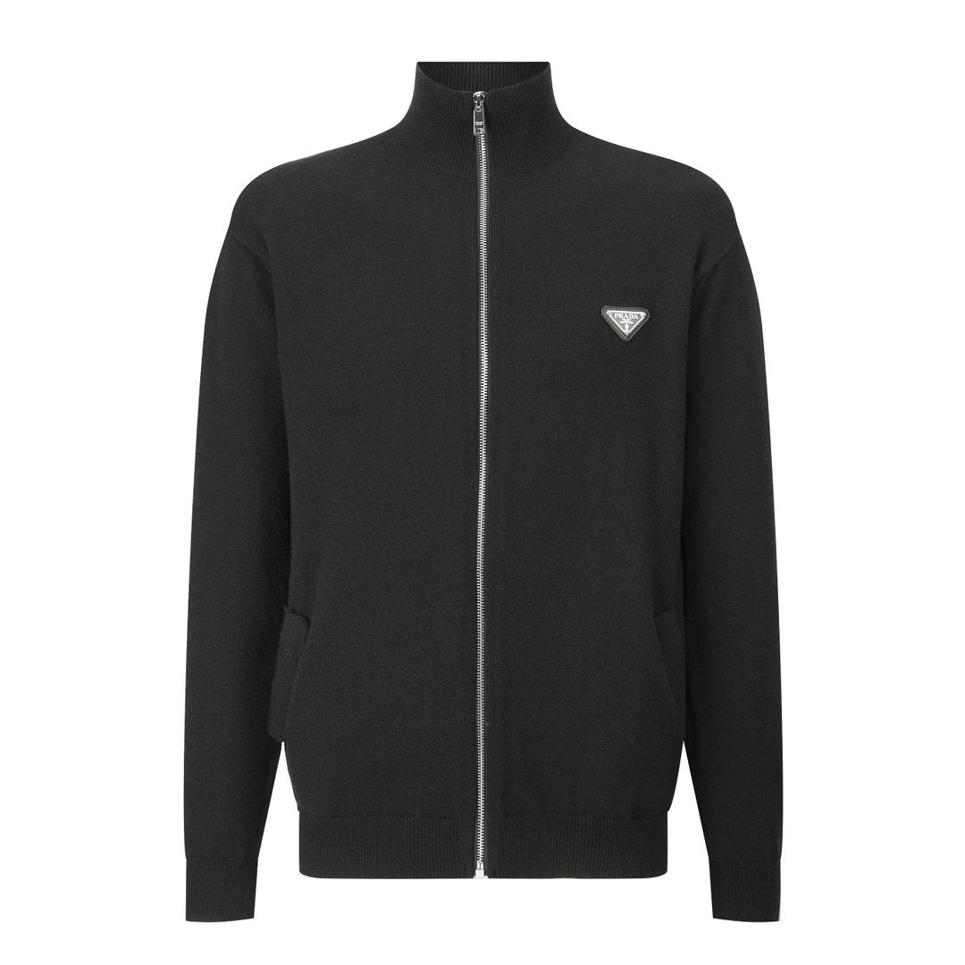 PRADA Sweater 24FW Triangle Logo Wool Zipper Sweater Coat Unisex Outerwear Long Sleeve Soft Lazy Style OS Loose Fit Thickened Versatile Casual Wear for Both Inner and Outer Layering