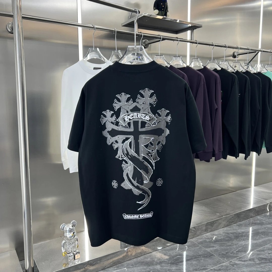 Chrome Hearts T-shirt Hand-painted Print Metal Buckle Round Neck Short Sleeve Pure Cotton Unisex T Shirt Bottoming Shirt OS Loose Fit T-Shirt