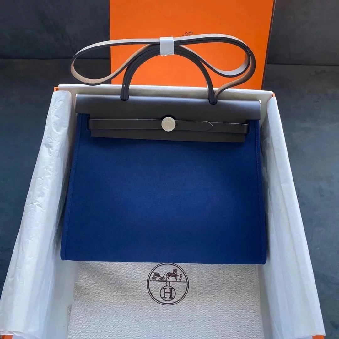 Hermes men's bag Top version 【H Handmade】Canvas Bag herbag31Canvas Stitching Leather One Shoulder Women's Crossbody Handbag Elephant Gray Electric Light Blue