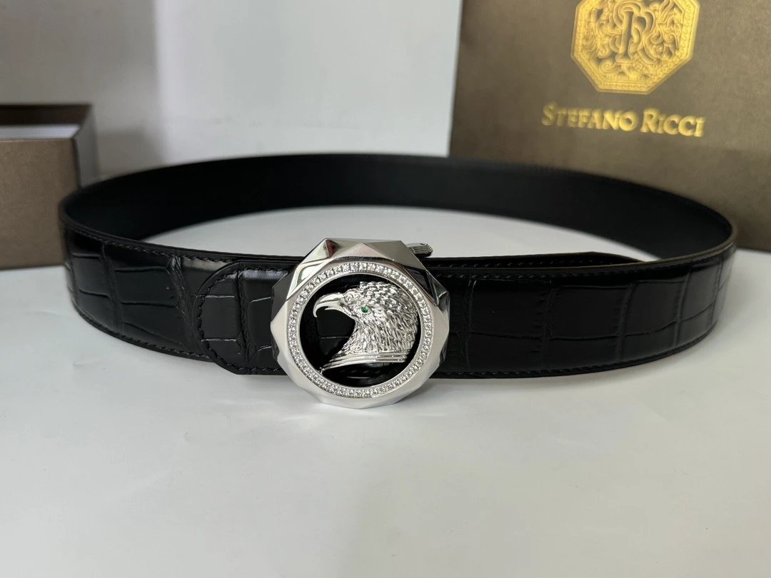 Stefano Ricci Belt Top version Original Order Men's Belt Width:3.8cm Boutique Eagle Head Fine Steel Buckle Gold Vacuum Plating New Belt Selected Italian First Layer Cowhide Shark Pattern with Crystal Calfskin Bottom