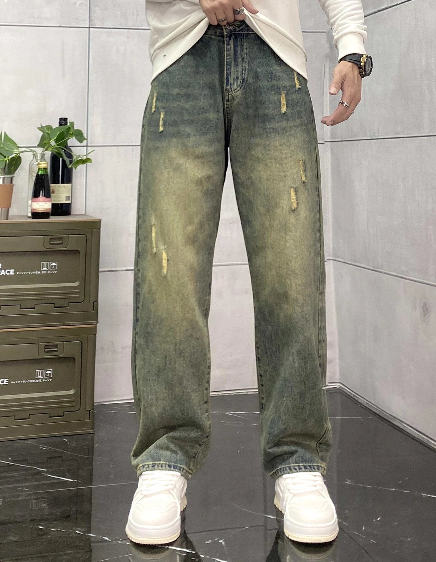 Gucci Jeans Ripped Waistband Patch logo Straight Washed Blue Jeans Autumn Winter New Unisex Loose Casual Wide Leg High Waist Pants