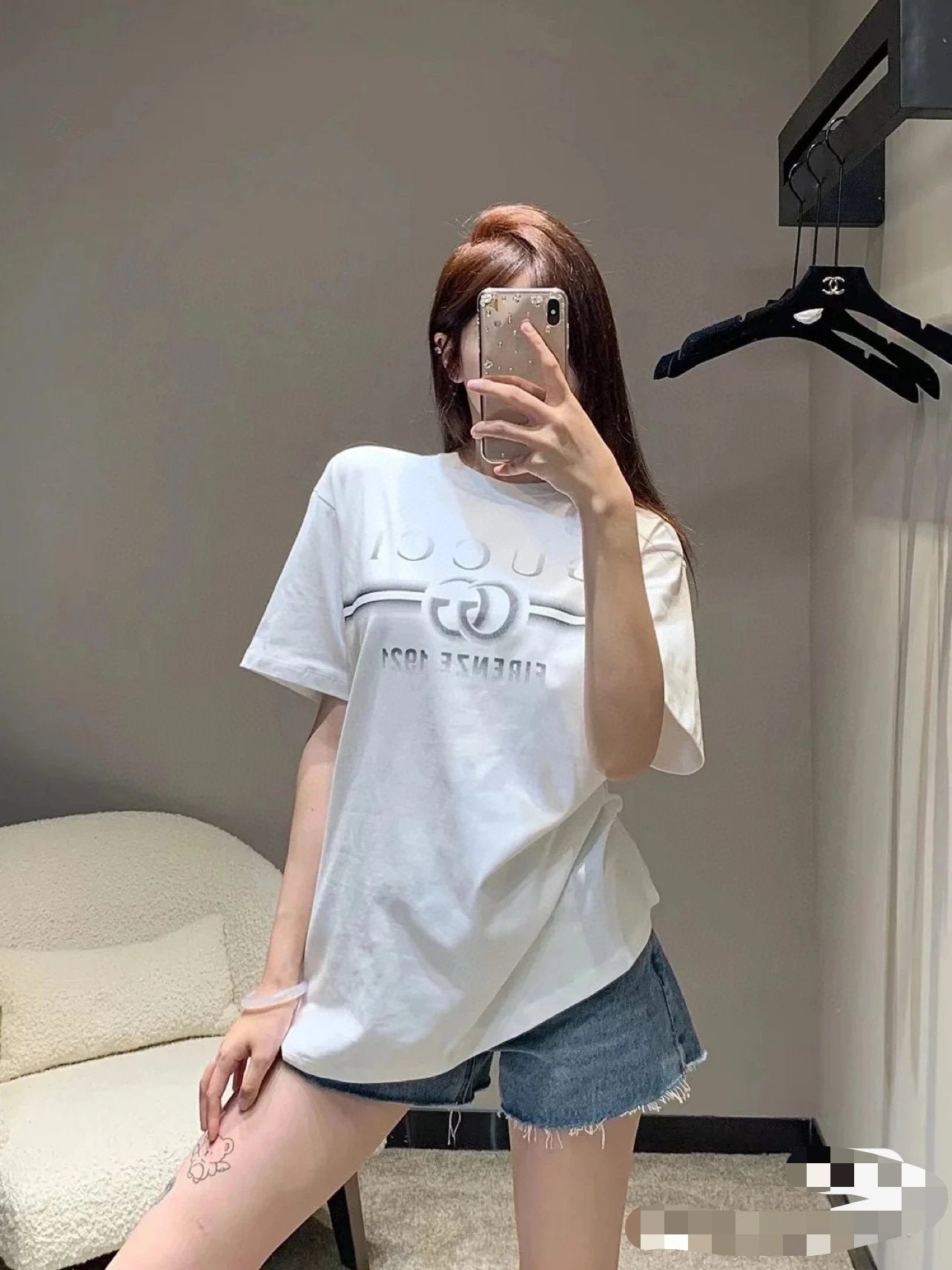 Gucci T-shirt Chest Shadow Letter Print logo round Neck Short Sleeve25ss New Pure Cotton Unisex Style T Casual T-Shirt Base Layer Shirt OS Loose Fit Half Sleeve Top Plus Size