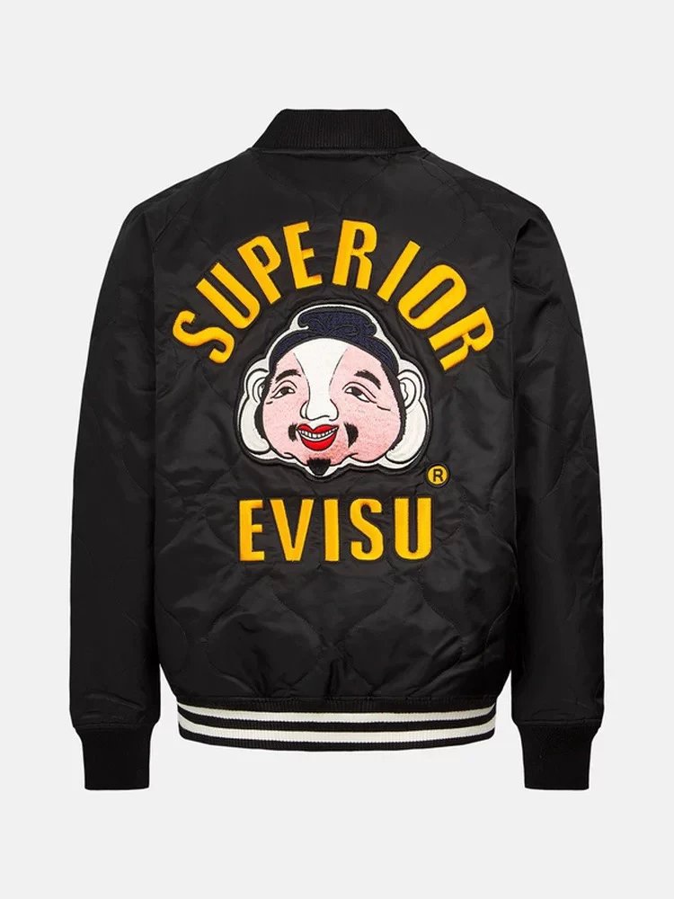 Evisu Jackets Top Version Fall Winter Men Buddha Head Trademark Patch Trendy Retro Baseball Uniform Pilot Jacket Thickened Coat for Men