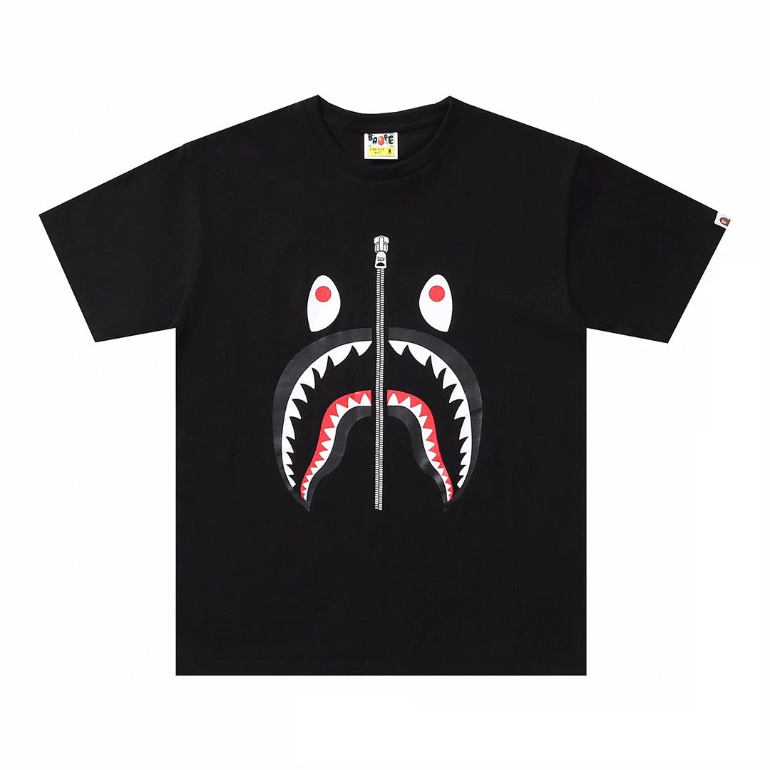 Bape T-shirt Top Version Men's Spring and Summer Camouflage Shark Zipper Printed Short Sleeve T T-shirt