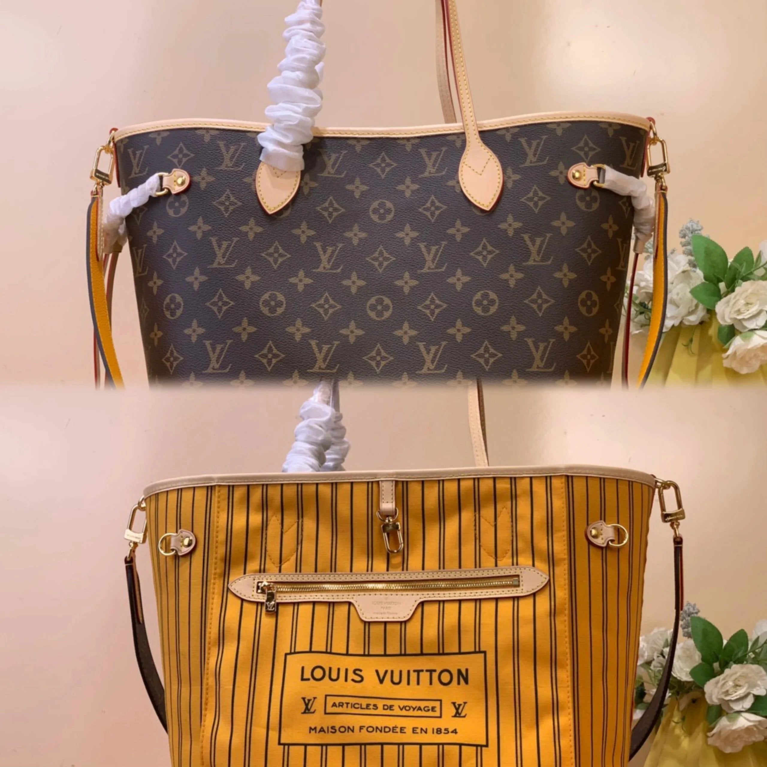 Louis Vuitton LV Women's Bag Top version 【NEVERFULLBANDOULIEREINSIDEOUT Medium Handbag】M12257Presbyopic/Rose Red M11947Presbyopic/Yellow M12096Presbyopic/Red（Double-Sided）Handbag Shoulder Bag Mummy Bag Shopping Bag Women's Bag