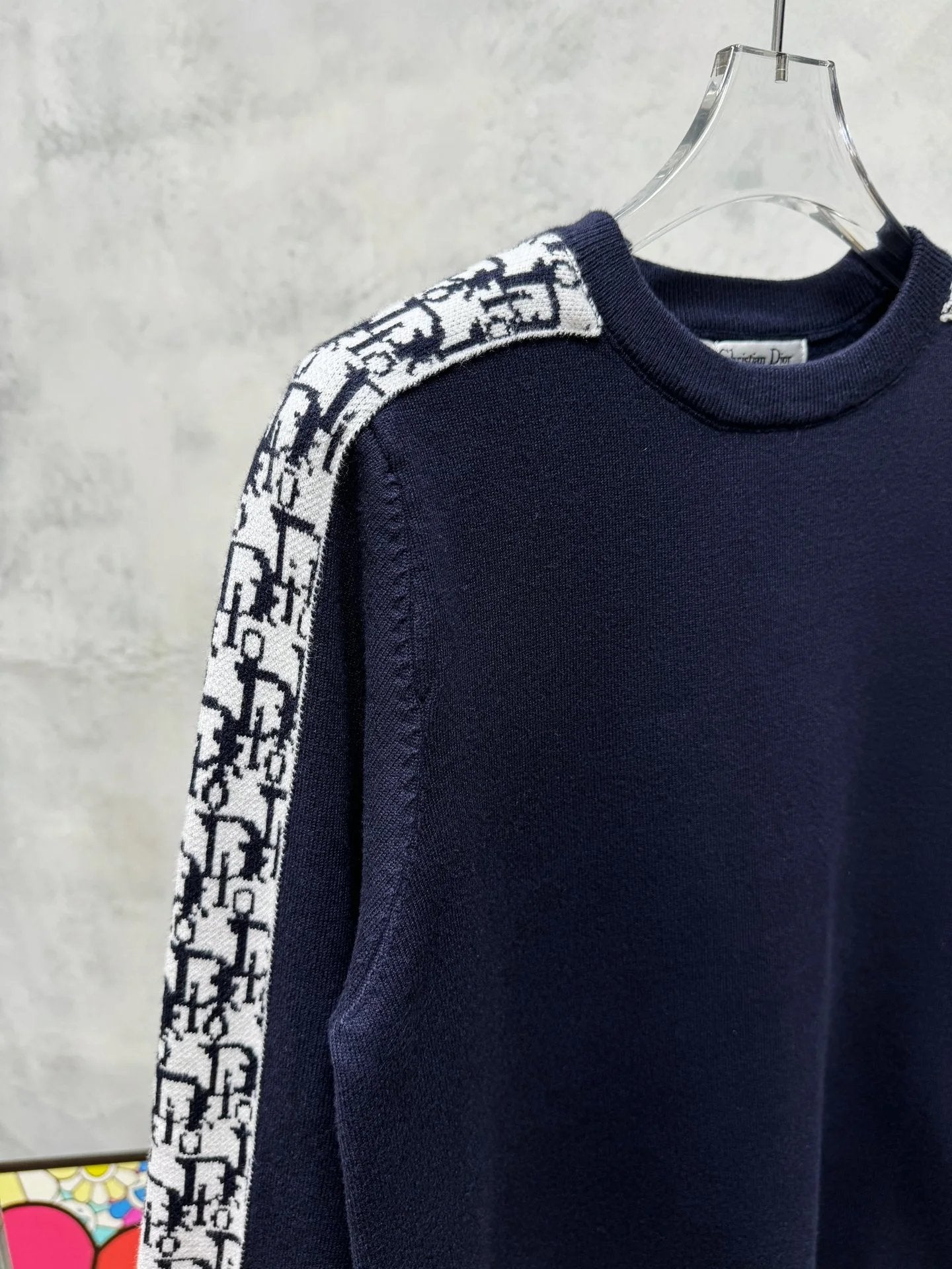 Dior Sweater Full Printed Arm Ribbon Knitted round Neck Sweater Casual Loose All-Matching Pullover Long Sleeve Underwear Top os Style Base Sweater Men and Women Same Style24ss Autumn and Winter New Products