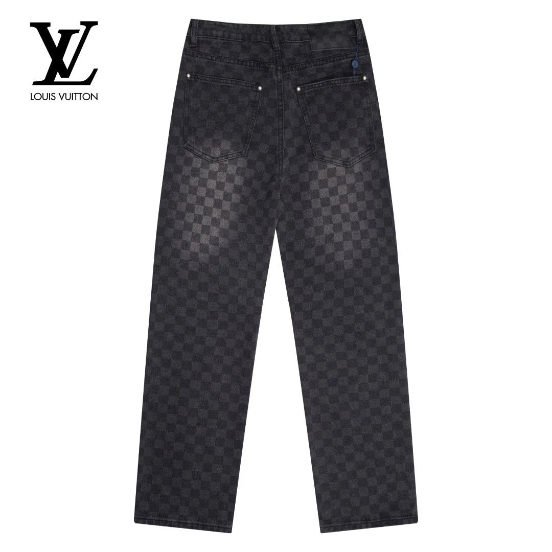 Louis Vuitton LV Jeans Front and back black checkerboard gradient logo25ss Spring Summer New Straight Loose Slim Fit Jeans Unisex Long Pants