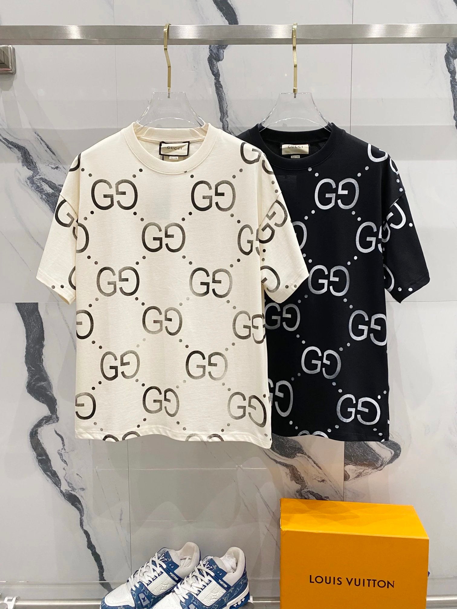 Gucci T-shirt Classic Full Print GG Letters LOGO Printed Logo Crew Neck Short Sleeve Pure Cotton T Unisex T-Shirt OS Loose Fit Base Shirt Summer Casual Simple T-Shirt