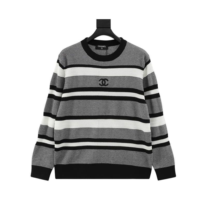 Chanel Sweater Autumn and Winter Double Logo Embroidery Stripes Knitted Pullover Sweater Men and Women Same Style