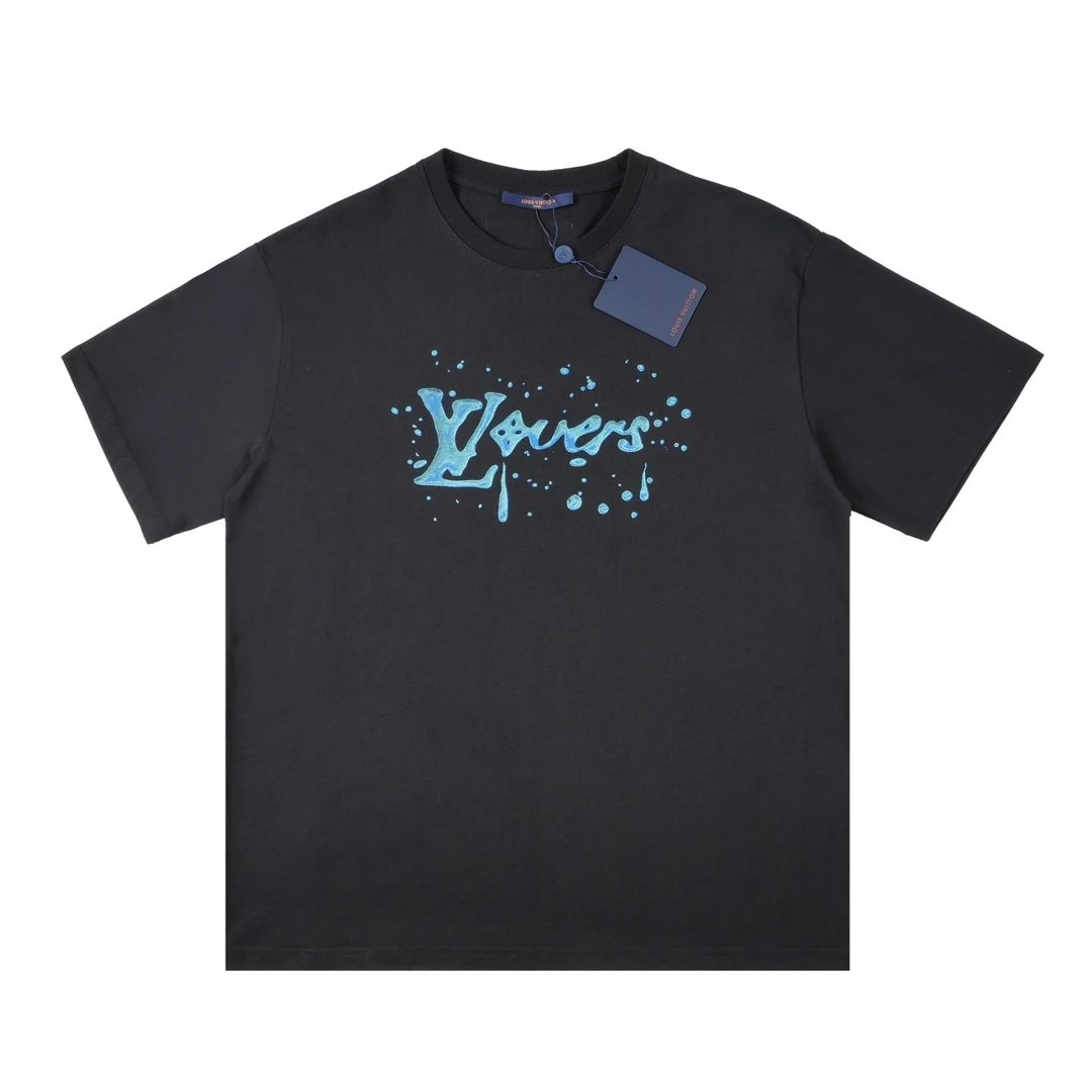 Louis Vuitton LV T-shirt Chest with Navy Blue Letter Print logo round Neck Short Sleeve25ss New Pure Cotton Unisex Style T Casual T-Shirt Base Layer Shirt OS Loose Fit Half Sleeve Top Plus Size