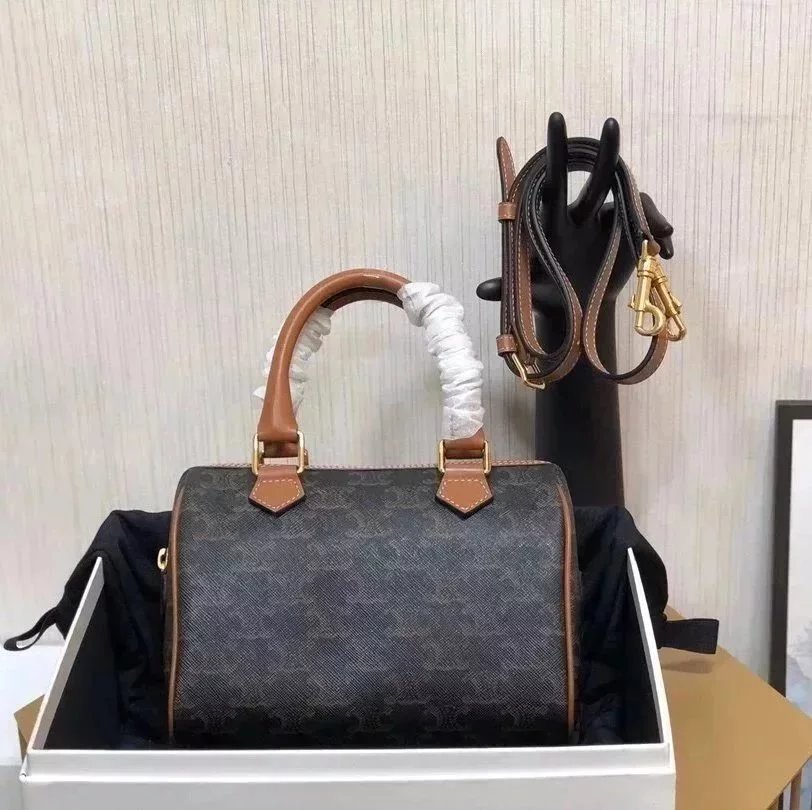 Celine women's bag Top version Boston Bag Handbag Women's Bag Boston Pillow Bag Shoulder Messenger Bag Handbag TRIOMPHECANVAS Logo Print and Cow Leather Boston Bag
