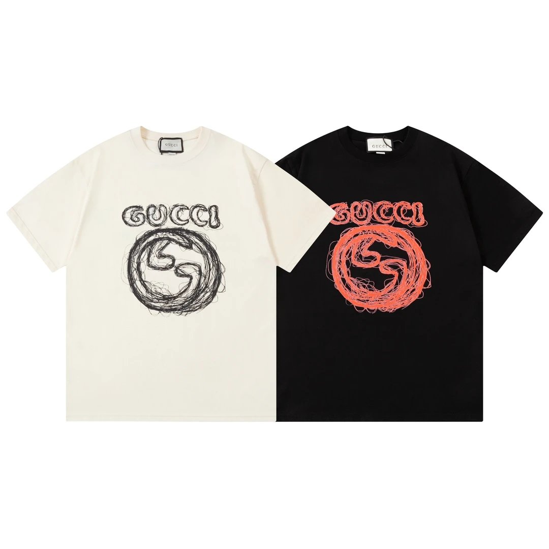 Gucci T-shirt Double-breasted G Vintage Curved Letters logo round Neck Short Sleeve25ss New pure cotton T Unisex T-Shirt OS Drop Shoulder Loose Fit Base Shirt Top T-Shirt Short Sleeve