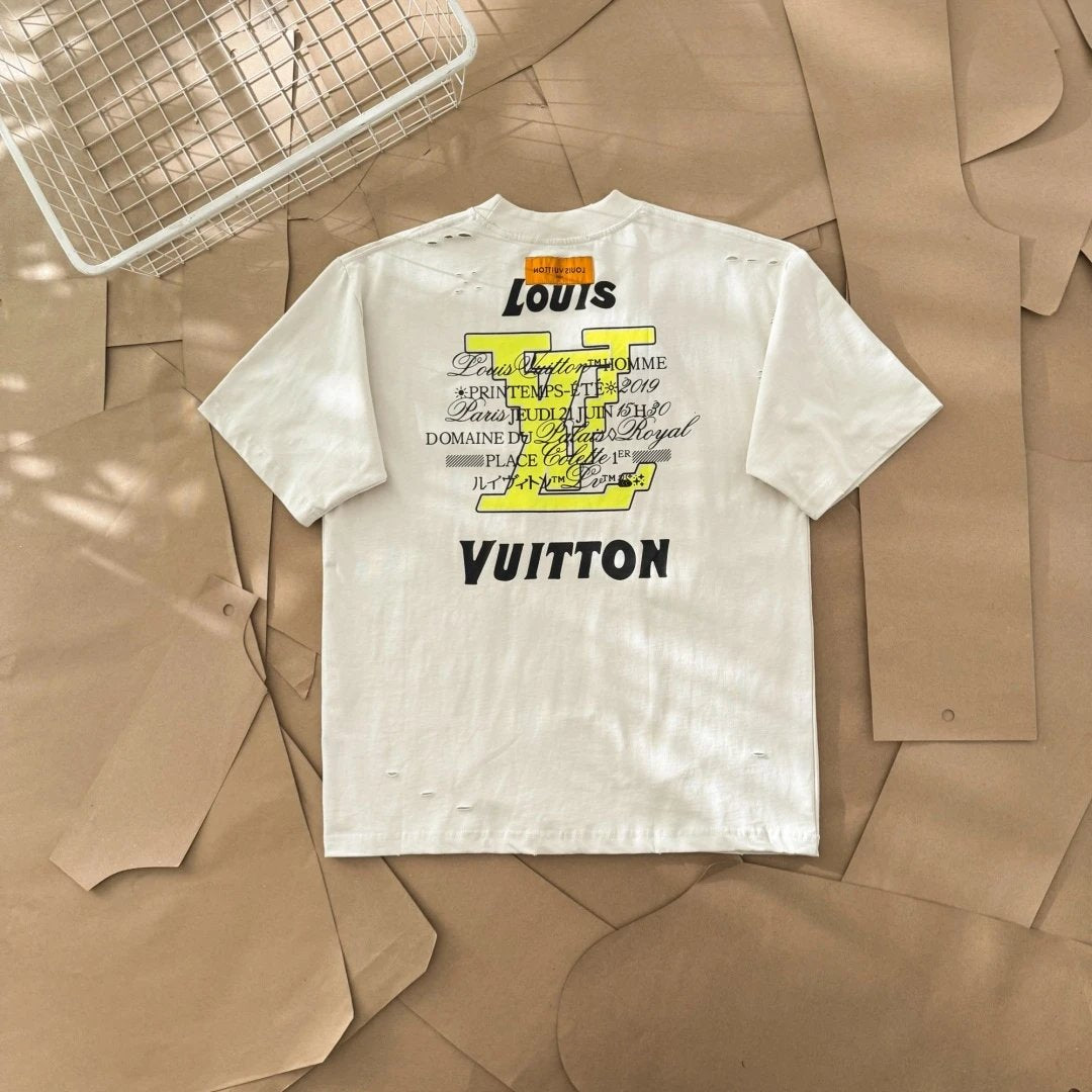 Louis Vuitton LV T-shirt Front Distressed Letter Print logo round Neck Short Sleeve25ss New Pure Cotton Unisex Style T Casual T-Shirt Base Layer Shirt OS Loose Fit Half Sleeve Top Plus Size