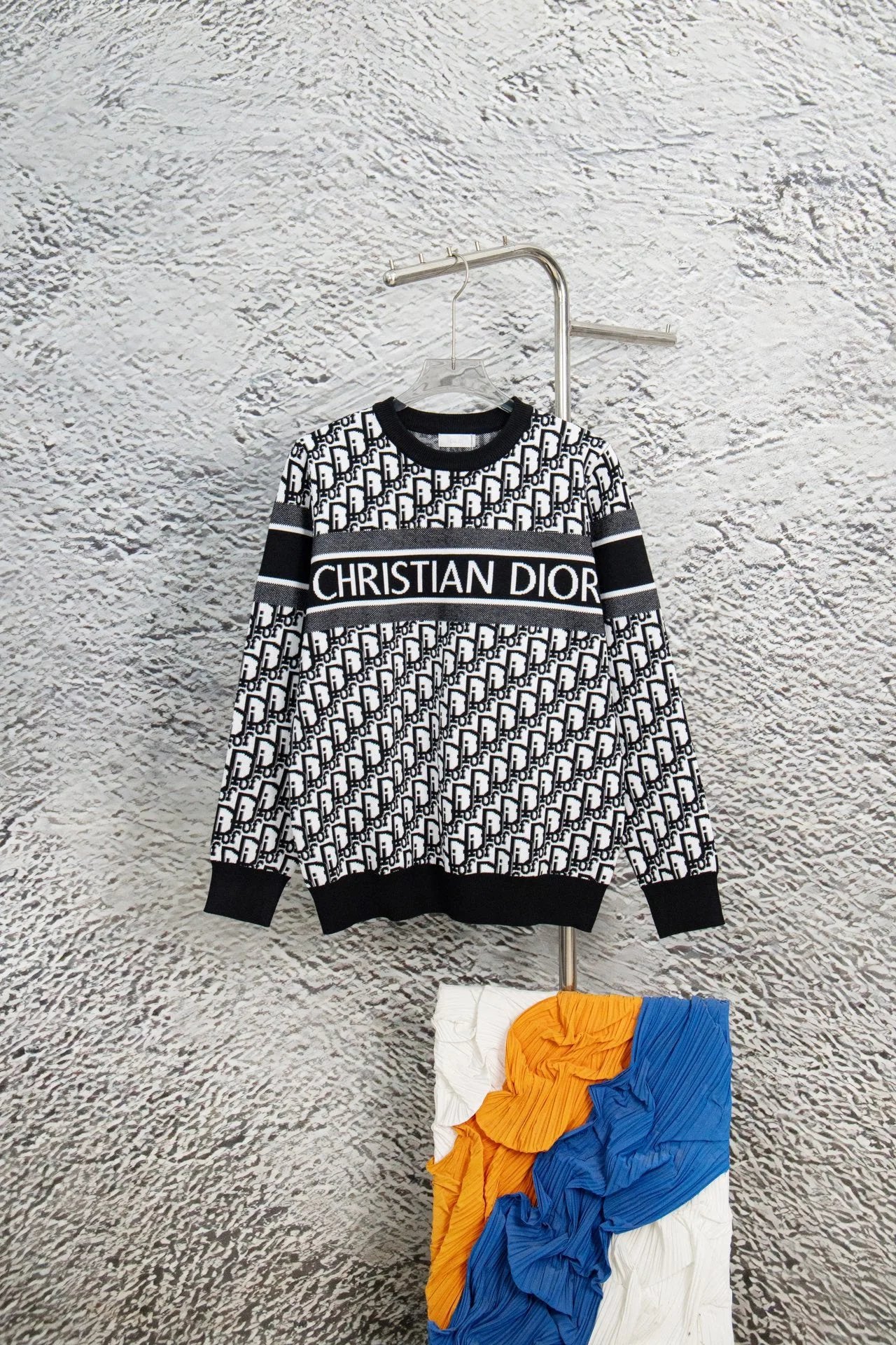 Dior Sweater Logo Strip Full Printed Contrast Color round Neck Sweater Thicken Lazy Style Men's and Women's Same Loose Knitted Top