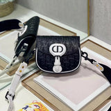 Dior Women's Bag Top version 【Original Leather】2022New Bobby Handbag Hollow Bobbi Bag Black and White Panda Color Matching Shoulder Messenger Bag Made of Hollow Cow Leather Oblique Printing Effect New Women's Bag Selenodont Bag Crossbody Bag Saddle Bag