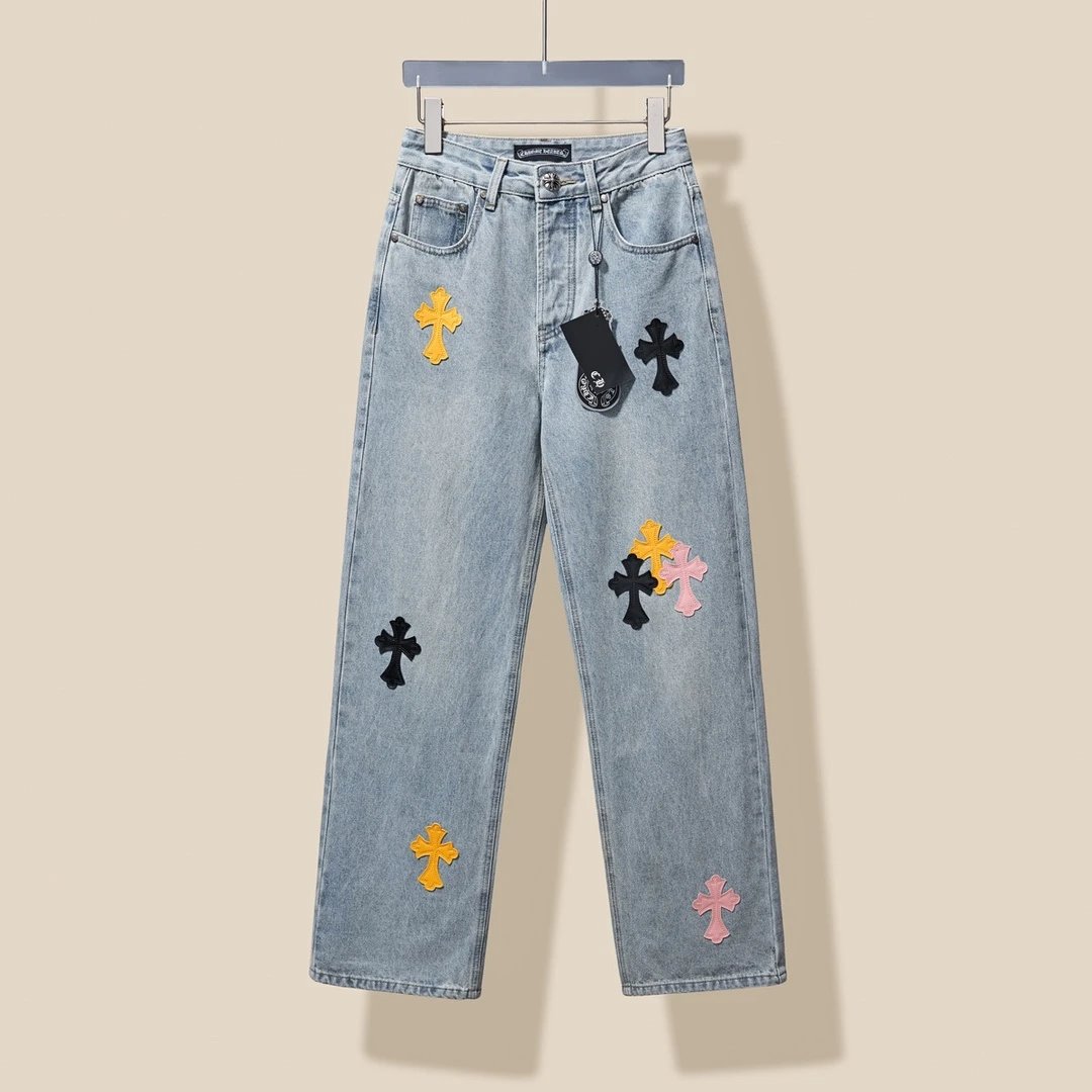 Chrome Hearts Jeans 24Classic Candy Color Cross Denim Straight Long Pants Women's All-Match Casual