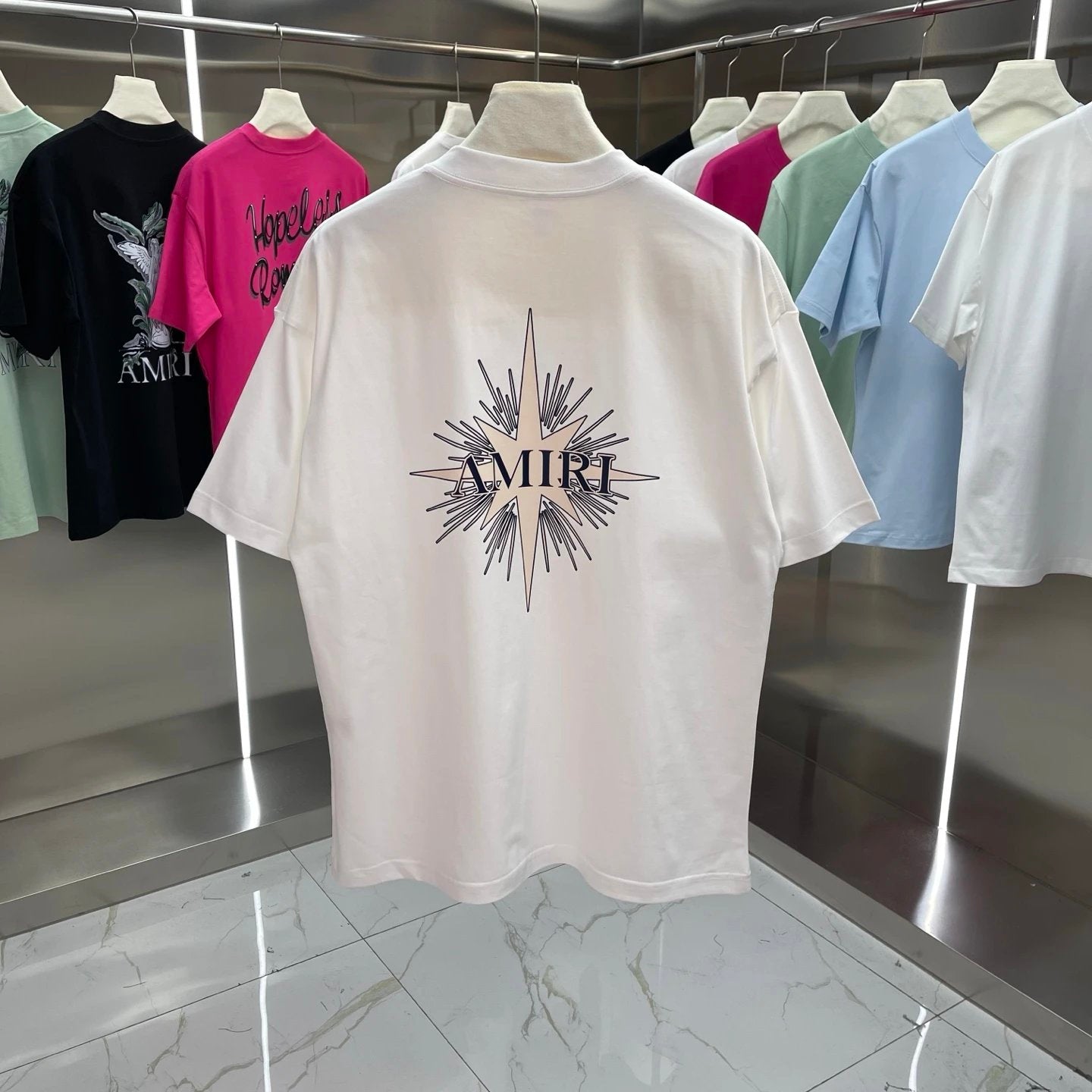 Amiri T-shirt Star Pattern Print on Back logo round Neck Short Sleeve25ss New Pure Cotton Unisex Style T T-shirt OS Loose Fit Base Shirt Half Sleeve T-Shirt Top Half Sleeve