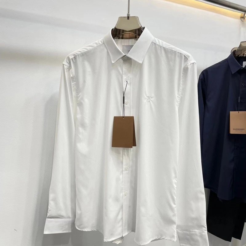 Burberry Shirt Classic New Letter Long Sleeve Shirt Men's Casual Business Embroidery White Solid Color High Texture Shirt