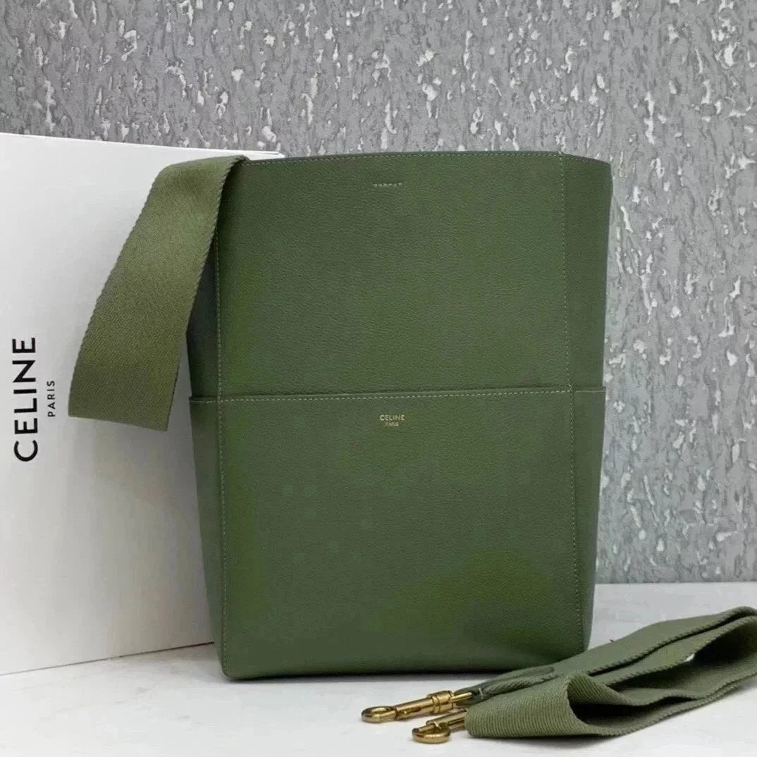 Celine women's bag Top version 【Level Surrogate Shopping】Large Size SeauSangleBucket Large Bucket Bag tote Tote Bag Litchi Grain Cowhide Commuter Bag Celine Women's Bag Mummy Bag sangle Bucket Bag Large