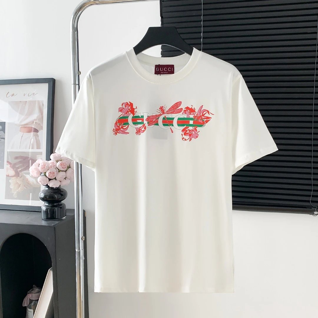 Gucci T-shirt Dragonfly and Floral Print on the Chest logo round Neck Short Sleeve25ss New Pure Cotton Unisex Style T Casual T-Shirt Base Layer Shirt OS Loose Fit Half Sleeve Top Plus Size