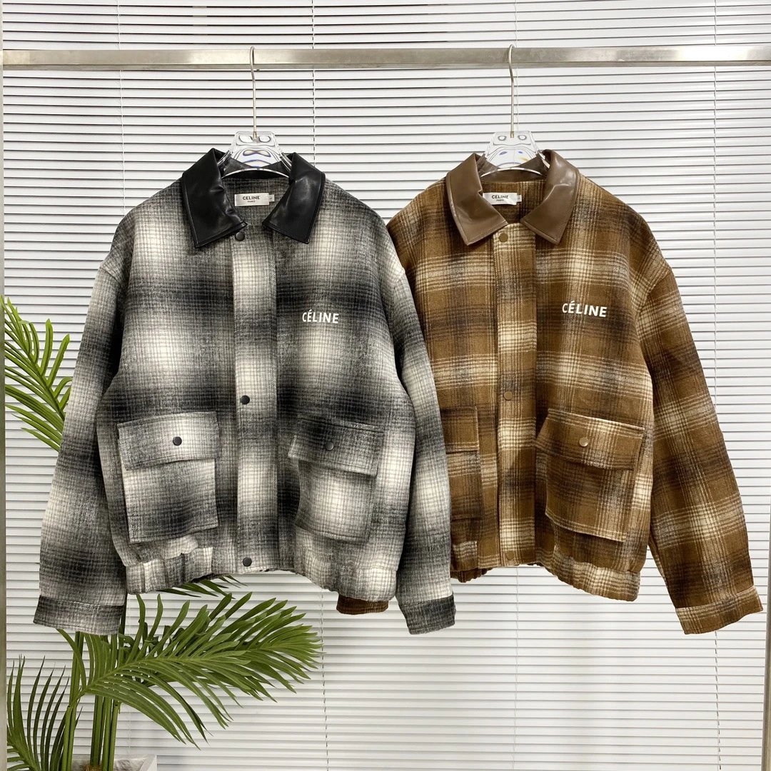 Celine Jackets Patchwork Plaid Wool Jacket Coat Unisex Winter Warm Thickened Turn-down Collar Versatile Casual Large Back logo