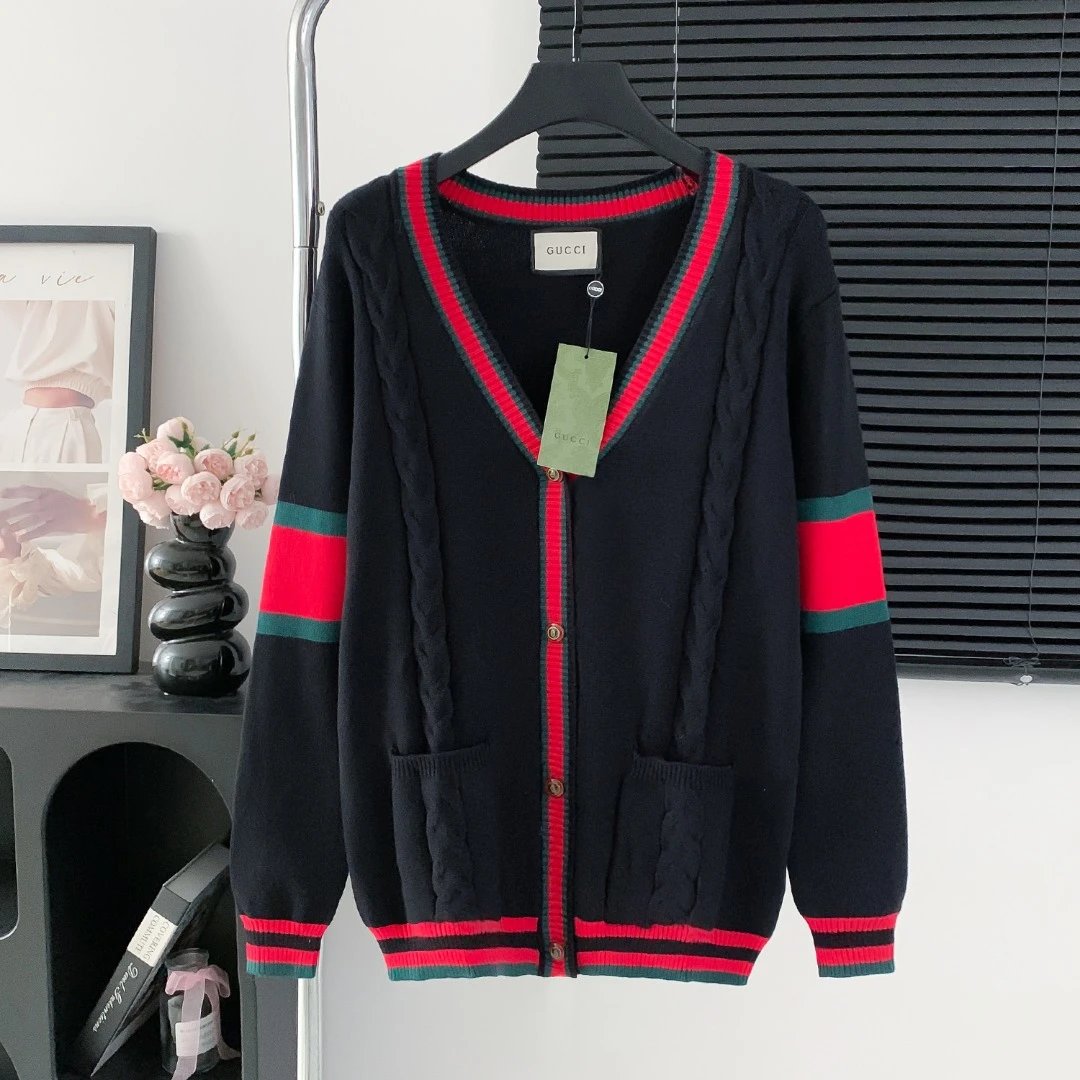 Gucci Sweater Cable Knit V Cardigan Sweater25ss Spring New Men's and Women's Same Style Long Sleeve Soft Lazy Style Jacket OS Loose Fit Versatile Casual