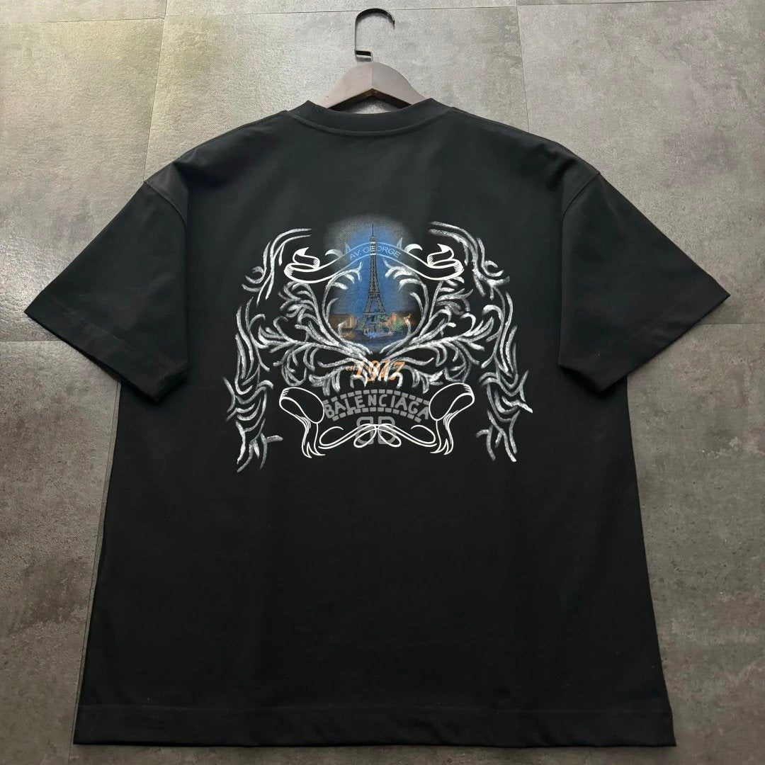 Balenciaga T-shirt Back Pattern Print logo round Neck Short Sleeve25ss New Pure Cotton Unisex Style T T-shirt OS Loose Fit Base Shirt Top Half Sleeve T-Shirt