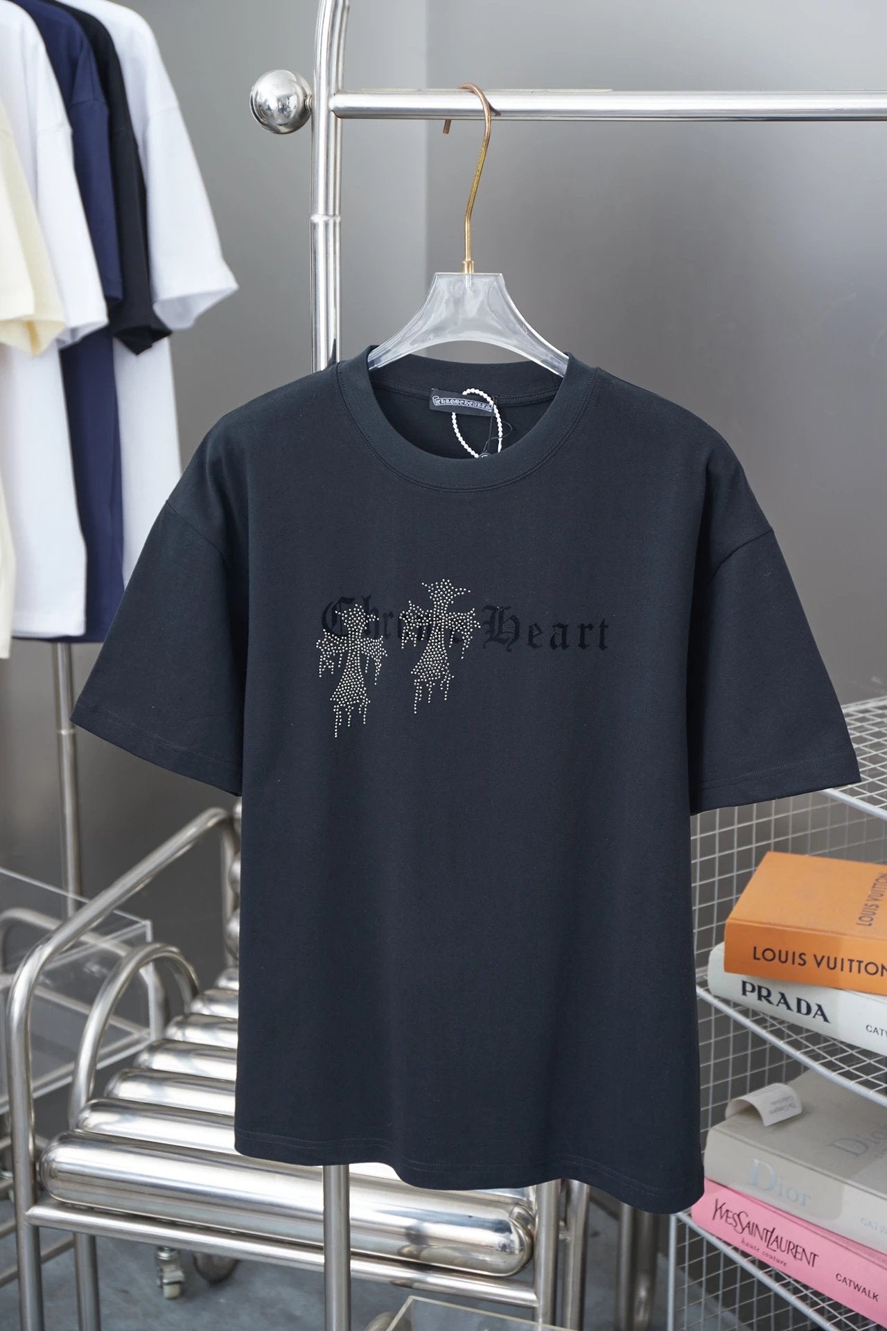 Chrome Hearts T-shirt Early Spring New Style Horseshoe Flocking Print Rhinestone Round Neck Short Sleeve Pure Cotton Unisex T T-shirt OS Loose Fit Base Shirt Short Sleeve Top T-Shirt