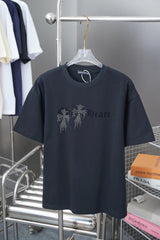 Chrome Hearts T-shirt Early Spring New Style Horseshoe Flocking Print Rhinestone Round Neck Short Sleeve Pure Cotton Unisex T T-shirt OS Loose Fit Base Shirt Short Sleeve Top T-Shirt