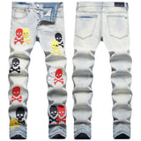 Amiri Jeans New Foreign Trade Style Fashion Blue with Holes Paste Cloth Embroidery Elastic Mid-Waist Feet Men's Jeans