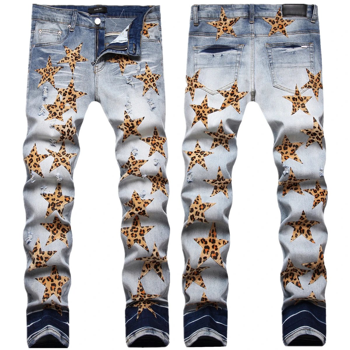 Amiri Jeans New Foreign Trade Style Fashion Blue with Holes Paste Cloth Embroidery Elastic Mid-Waist Feet Men's Jeans