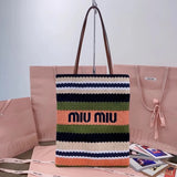 Miu Miu Bag Top version 【Original Version】Embroidery Beach Bag Vertical Super Heavy Industry Handmade Rainbow Woven Bag New Woven Tote tote Women's Bag Summer Hot Sale Beach Bag Imported Raffia Cotton Braided Tote Bag5BG248