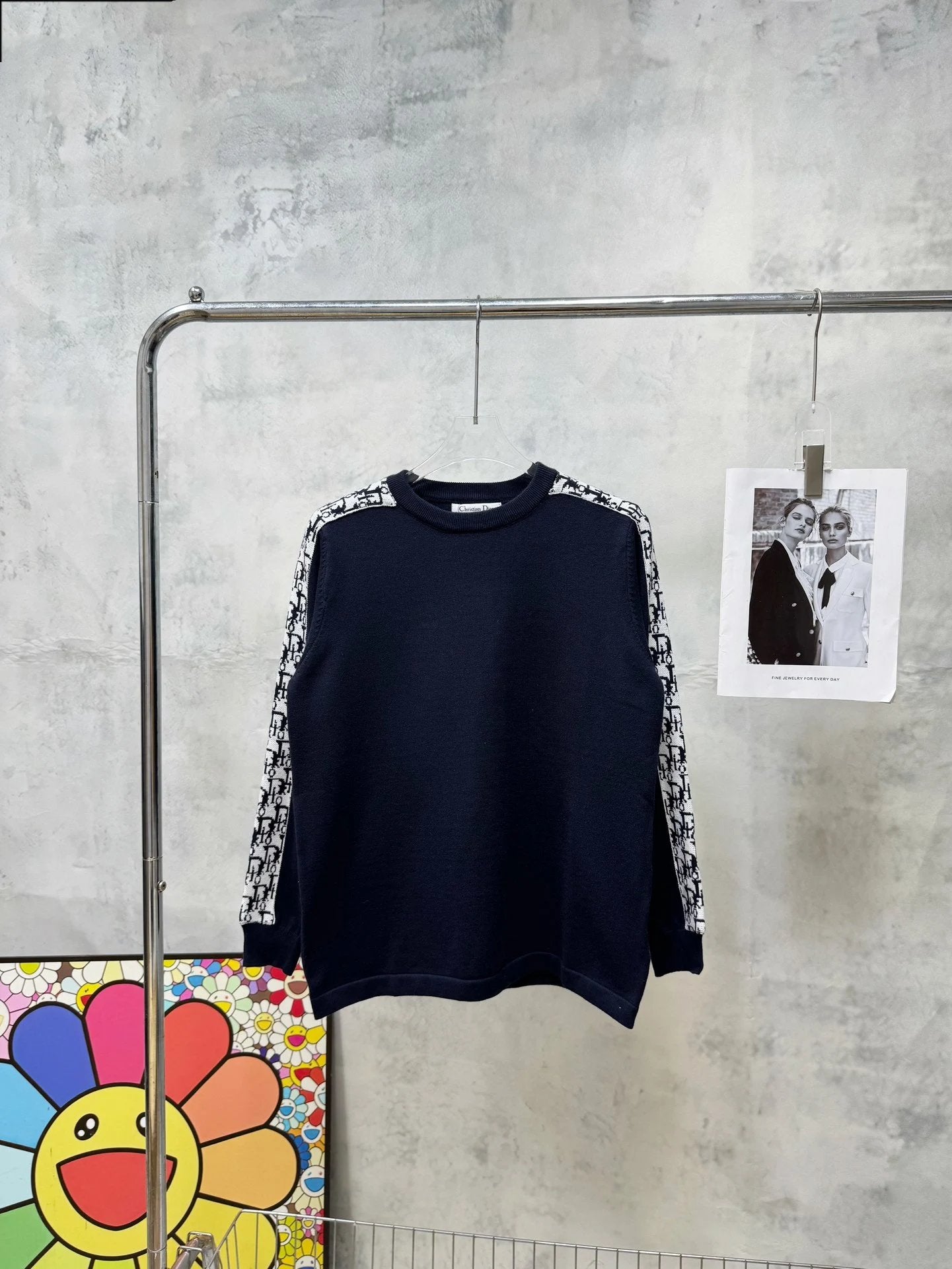Dior Sweater Full Printed Arm Ribbon Knitted round Neck Sweater Casual Loose All-Matching Pullover Long Sleeve Underwear Top os Style Base Sweater Men and Women Same Style24ss Autumn and Winter New Products