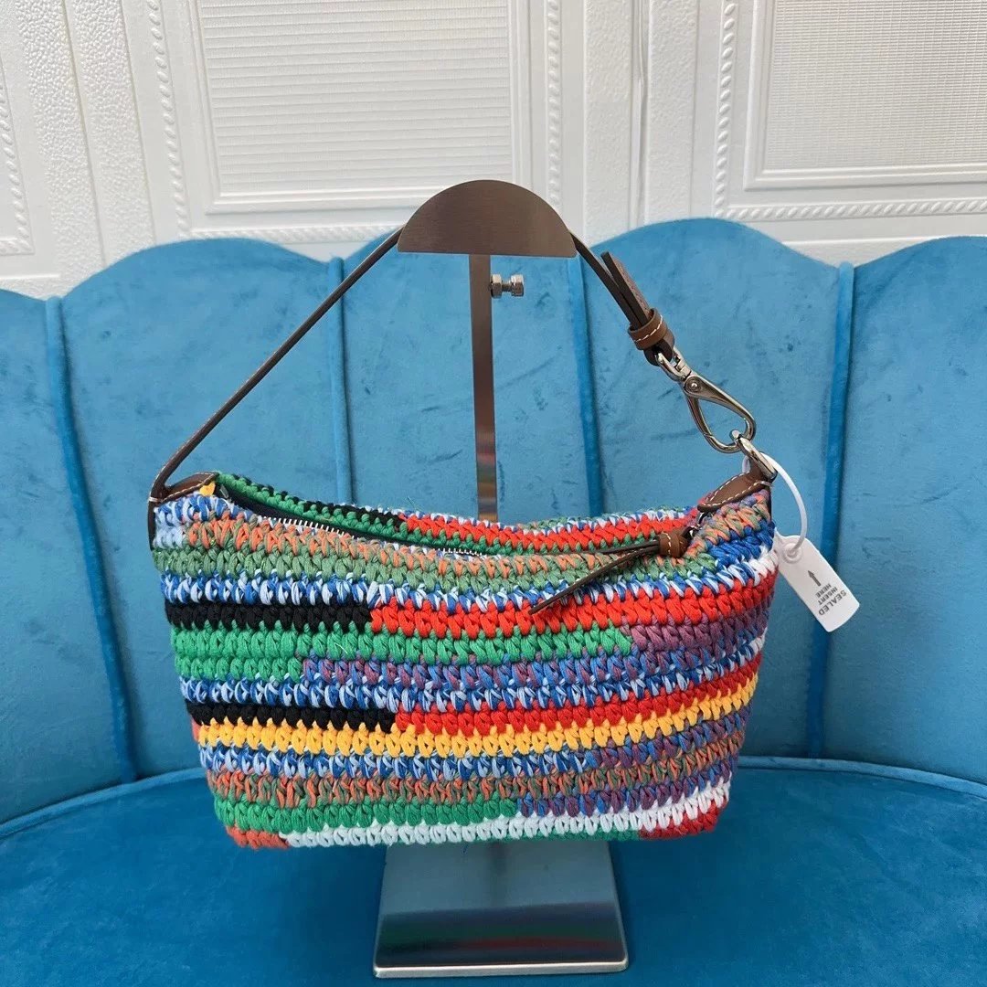 Miu Miu Bag Top version 2024New Rainbow Woven Lunch Box Bag Crane Bag Vacation Style Summer Fashion Casual Women's Bag